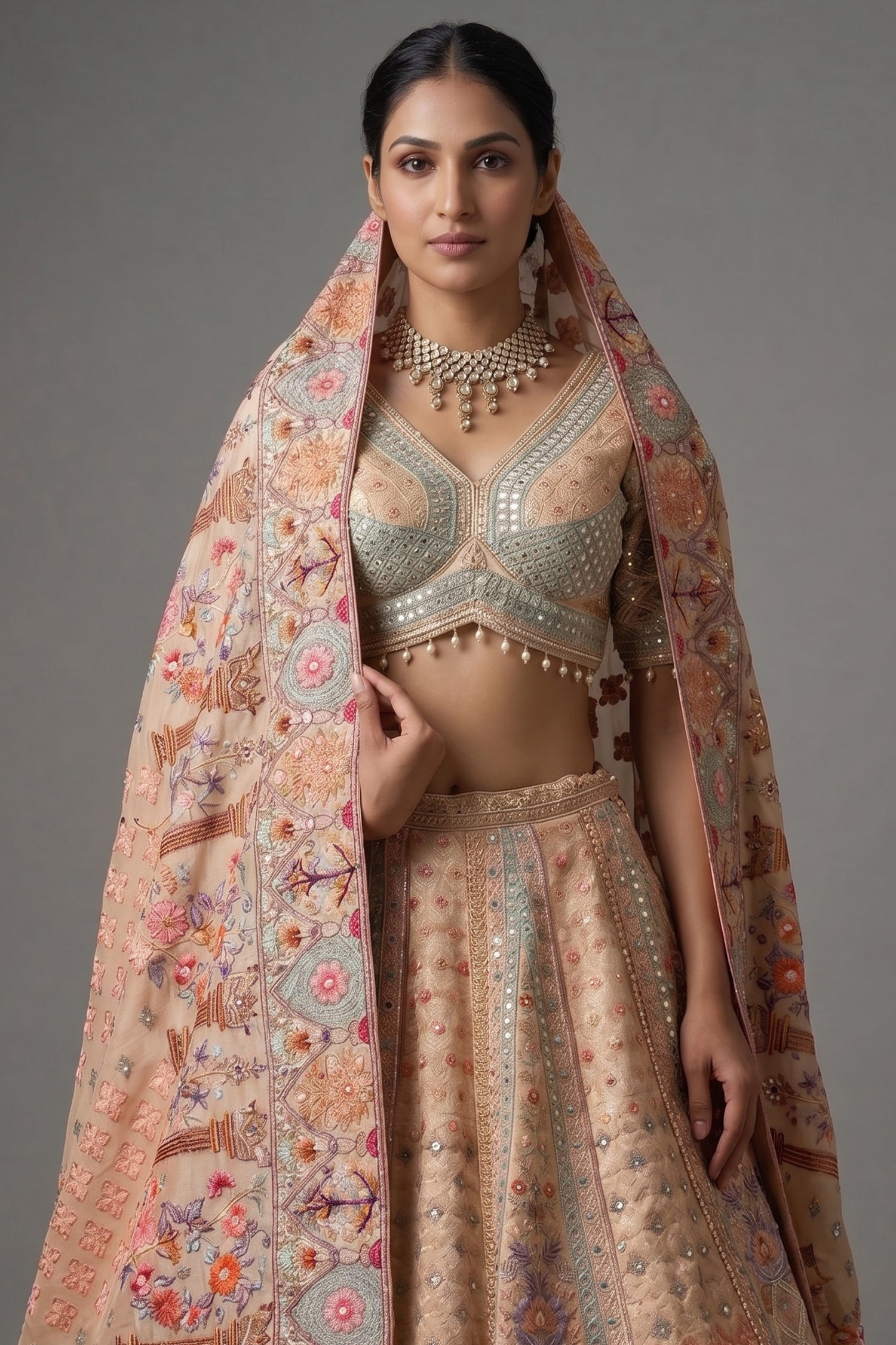 Gilded Floral Tissue Silk Lehenga with Multi-Hue Hand-Embroidery and Architectural Cutdana Secondary image