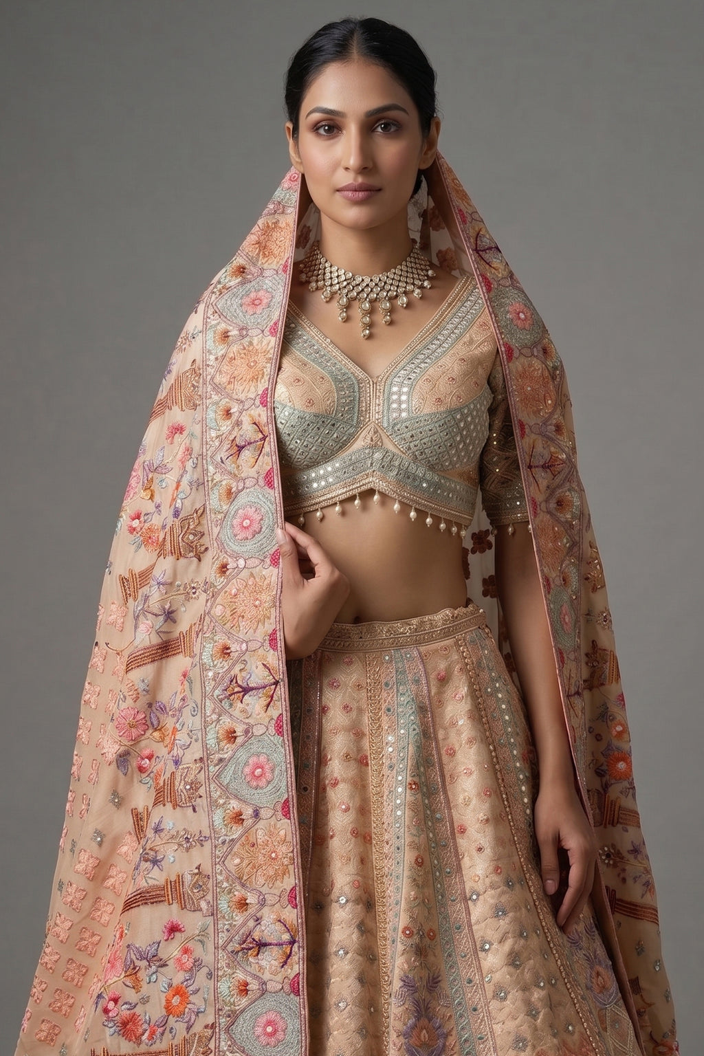 Gilded Floral Tissue Silk Lehenga with Multi-Hue Hand-Embroidery and Architectural Cutdana