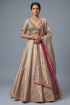 Golden Tissue Silk Lehenga with Kundan jewelry style embroidered blouse front view