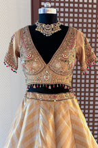 Golden Tissue Silk Lehenga full length luxury wedding guest outfit look with chevron pattern