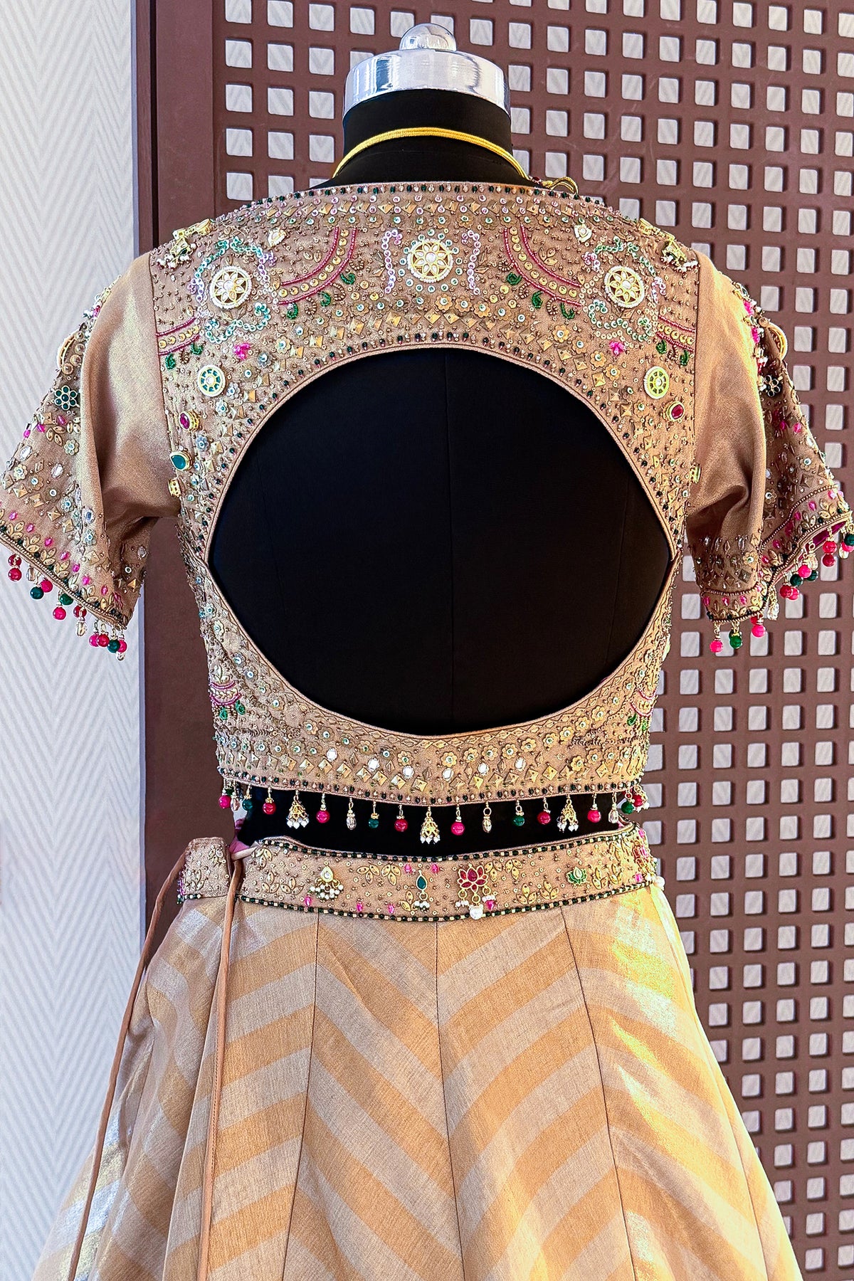 Golden Tissue Silk Lehenga highlighting premium tissue silk fabric weave texture close up