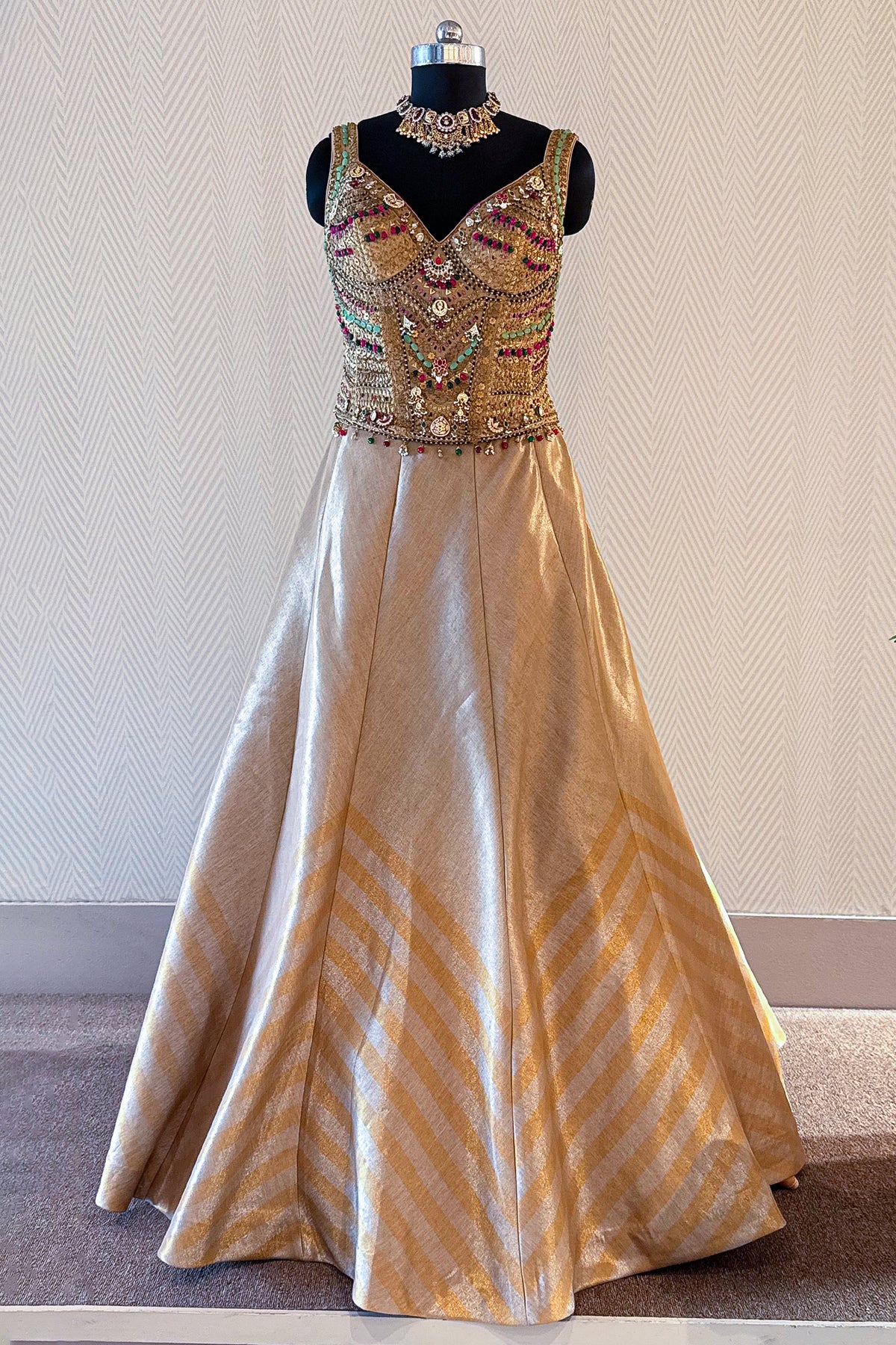 Golden Tissue Silk Lehenga full length regal look for grand weddings and receptions