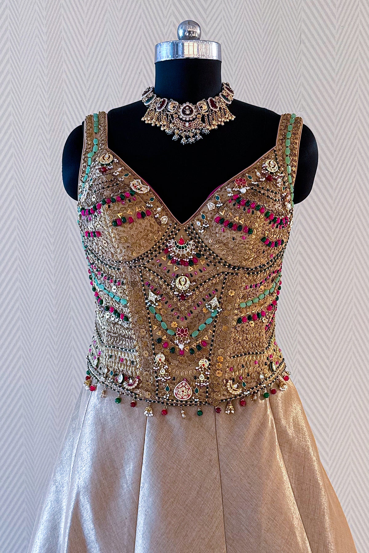 Golden Tissue Silk Lehenga highlighting premium tissue fabric with diagonal metallic stripes
