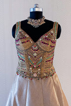 Golden Tissue Silk Lehenga highlighting premium tissue fabric with diagonal metallic stripes