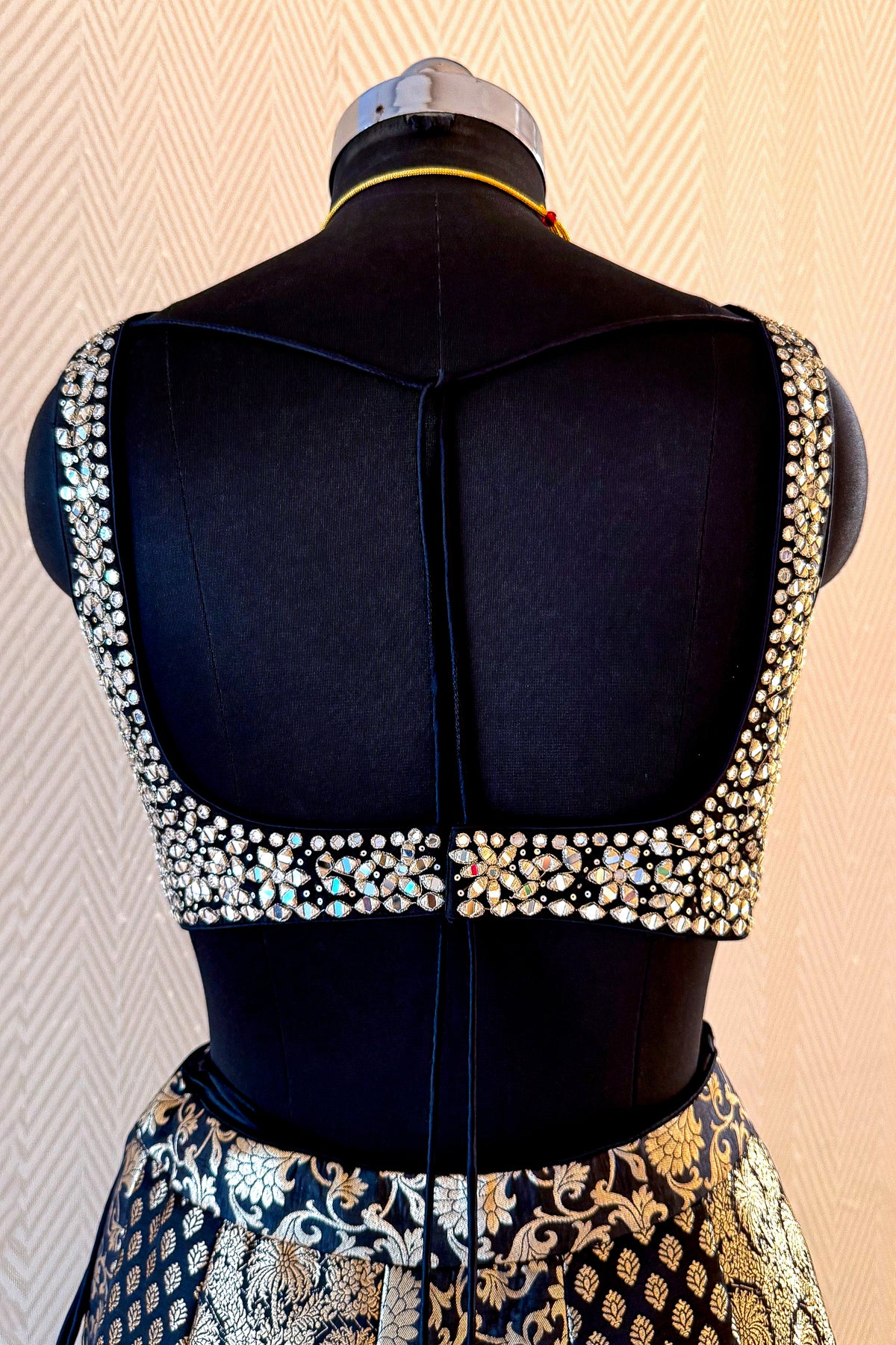 Black Banarasi Brocade Lehenga with matching crop top and long jacket
