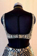 Black Banarasi Brocade Lehenga with matching crop top and long jacket