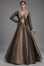 Black Banarasi Brocade Lehenga - Front View