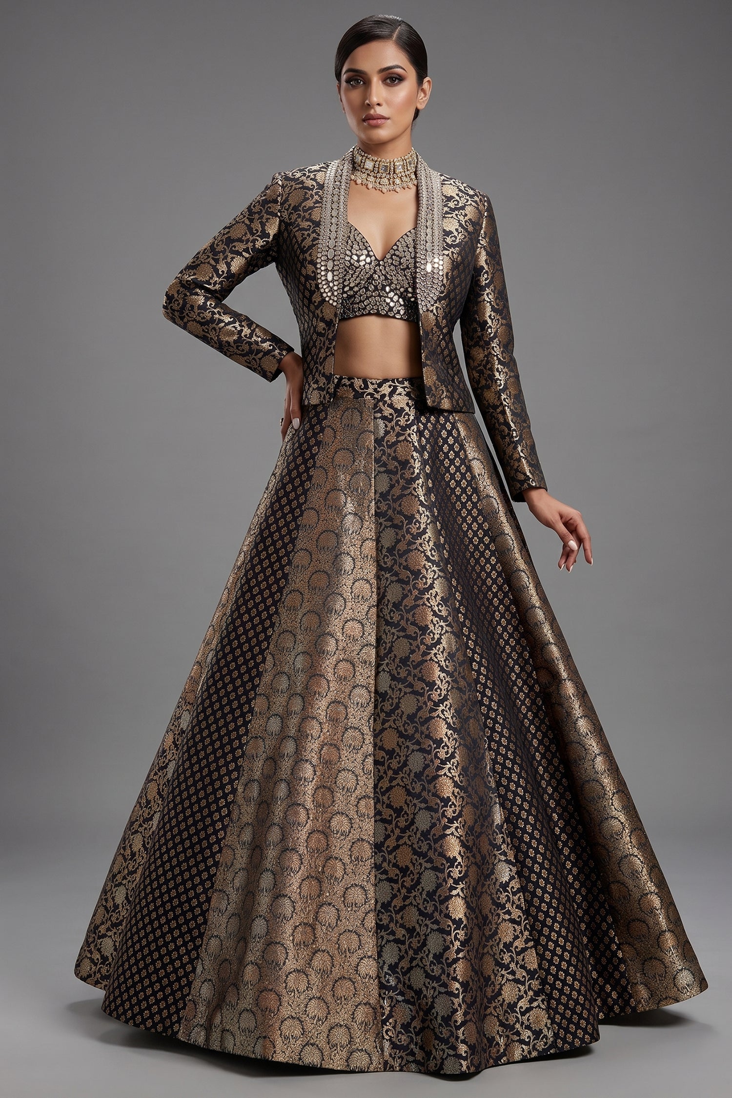 Black Banarasi Brocade Lehenga - Front View