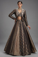 Black Banarasi Brocade Lehenga - Front View