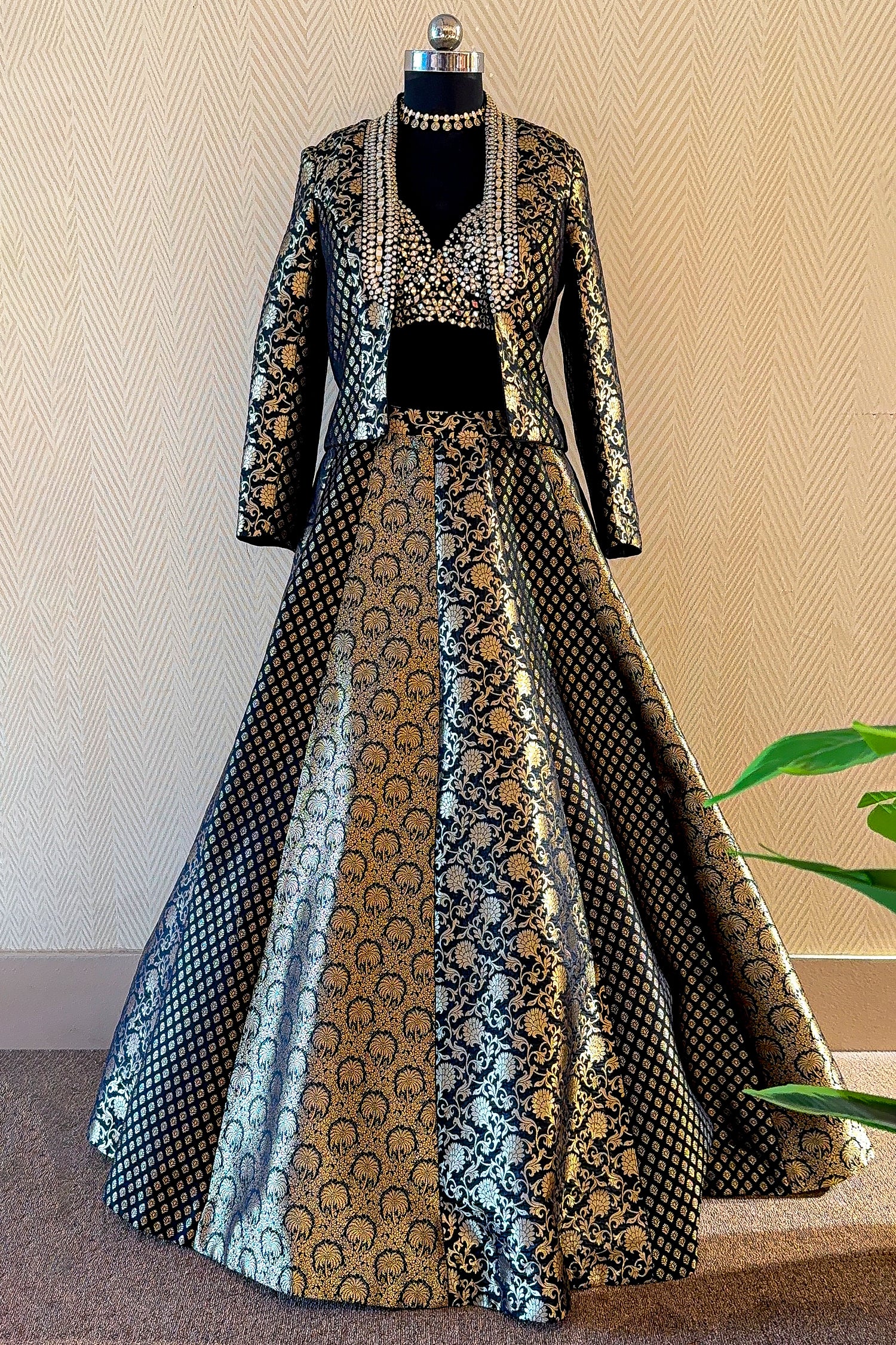 Intricately embroidered jacket details of the Black Banarasi Brocade Lehenga