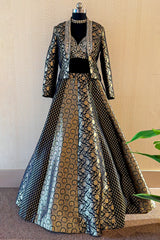 Intricately embroidered jacket details of the Black Banarasi Brocade Lehenga