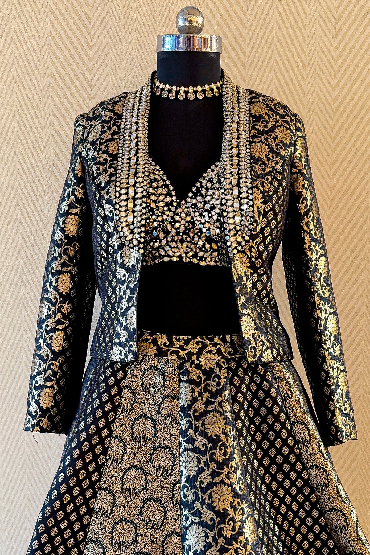 Designer Black Banarasi Brocade Lehenga for winter weddings