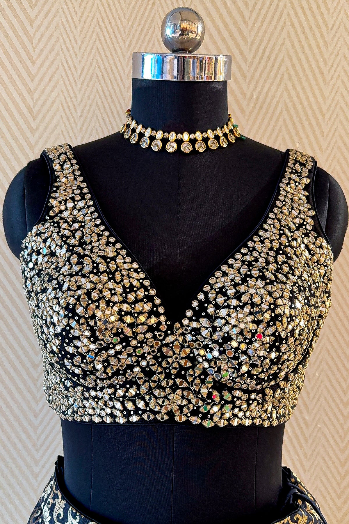 Black and Golden Banarasi Brocade Silk Crop Top Lehenga with Jacket - gold silk saree