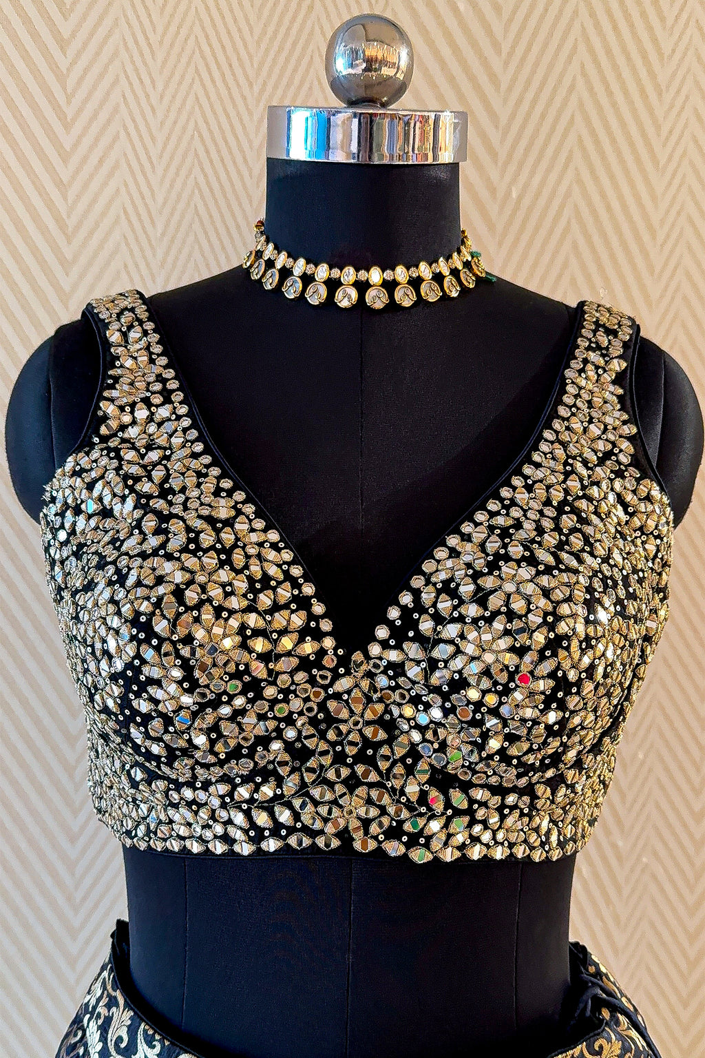 Black and Golden Banarasi Brocade Silk Crop Top Lehenga with Jacket - gold silk saree