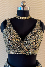 Black and Golden Banarasi Brocade Silk Crop Top Lehenga with Jacket - gold silk saree
