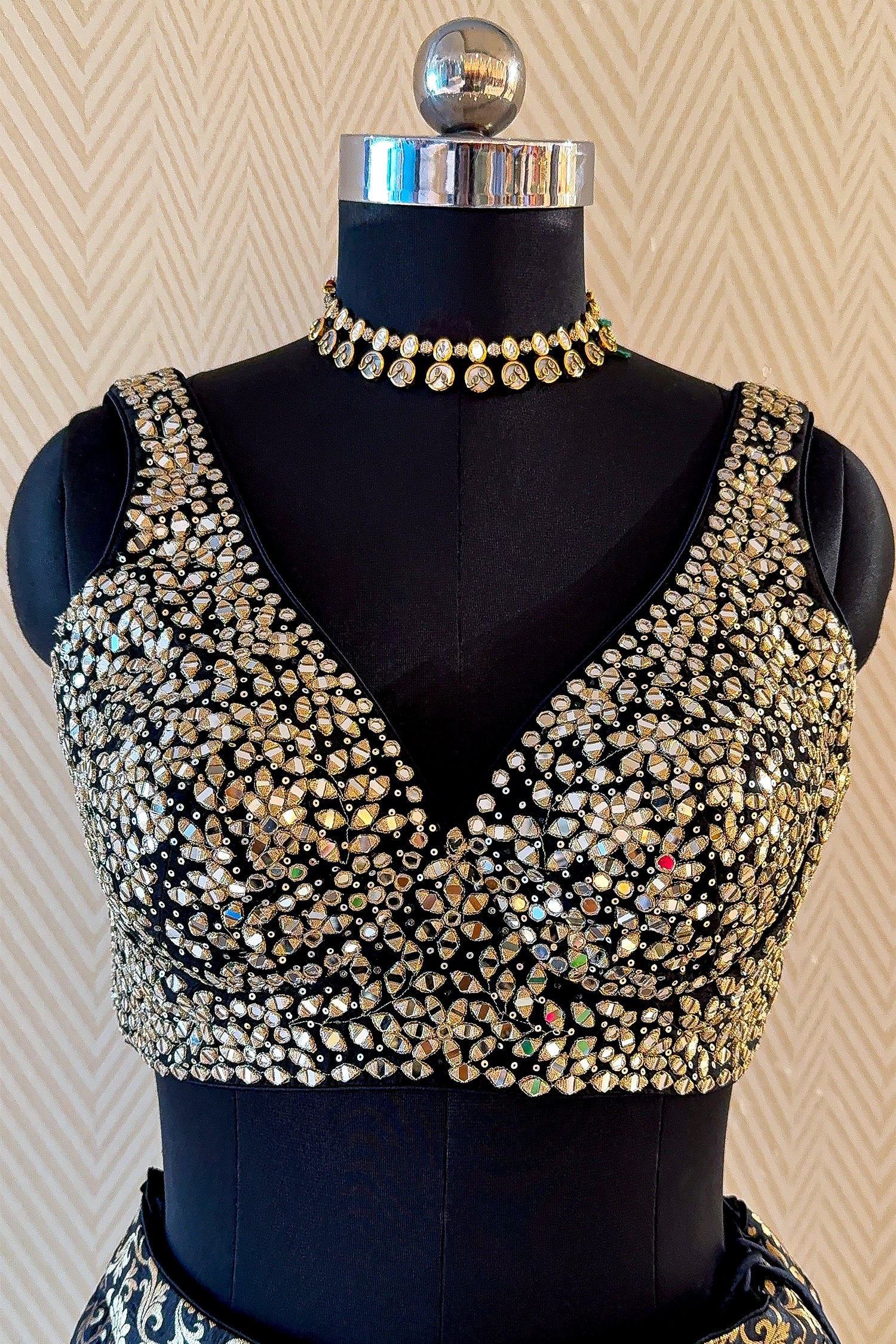 Black and Golden Banarasi Brocade Silk Crop Top Lehenga with Jacket - gold silk saree