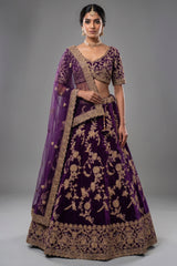 Palatinate Purple Raw Silk Lehenga - Front View