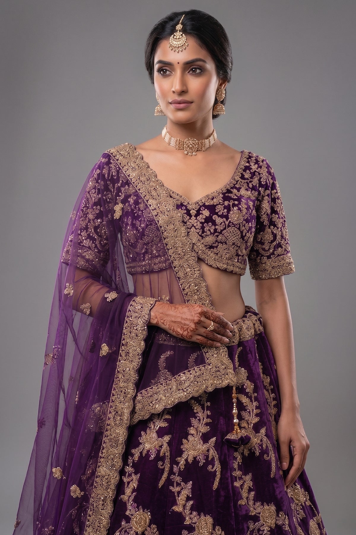 Close-up of floral jaal zardosi work on the Palatinate Purple Raw Silk Lehenga