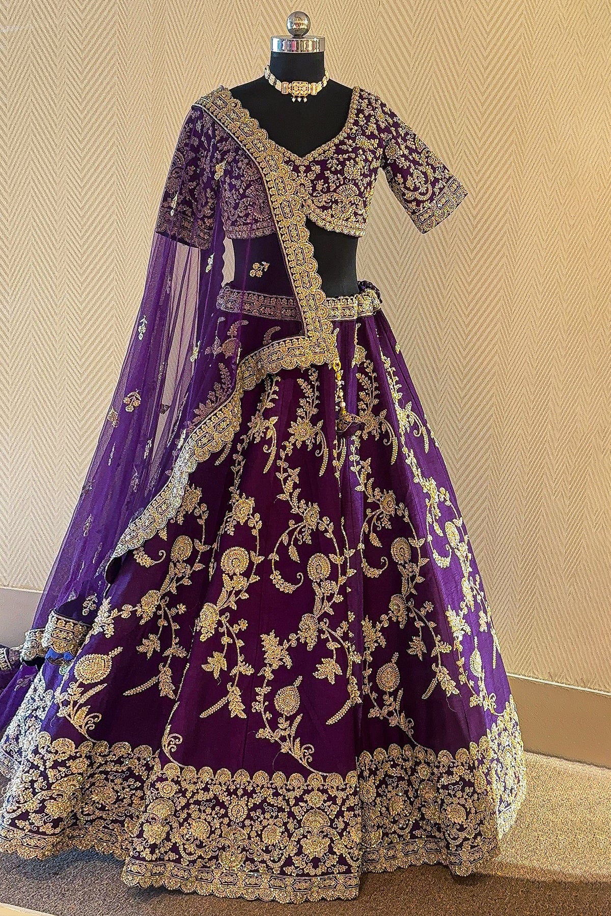 Intricate beadwork and thread embroidery of the Palatinate Purple Raw Silk Lehenga