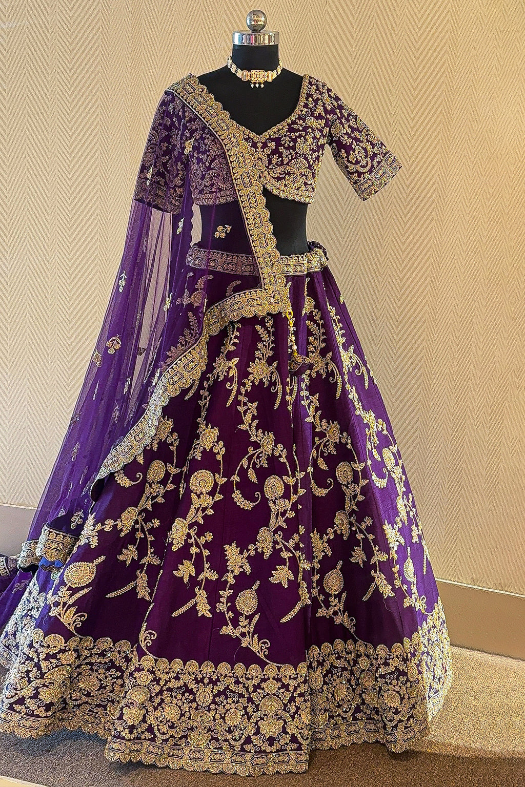 Intricate beadwork and thread embroidery of the Palatinate Purple Raw Silk Lehenga