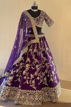Intricate beadwork and thread embroidery of the Palatinate Purple Raw Silk Lehenga