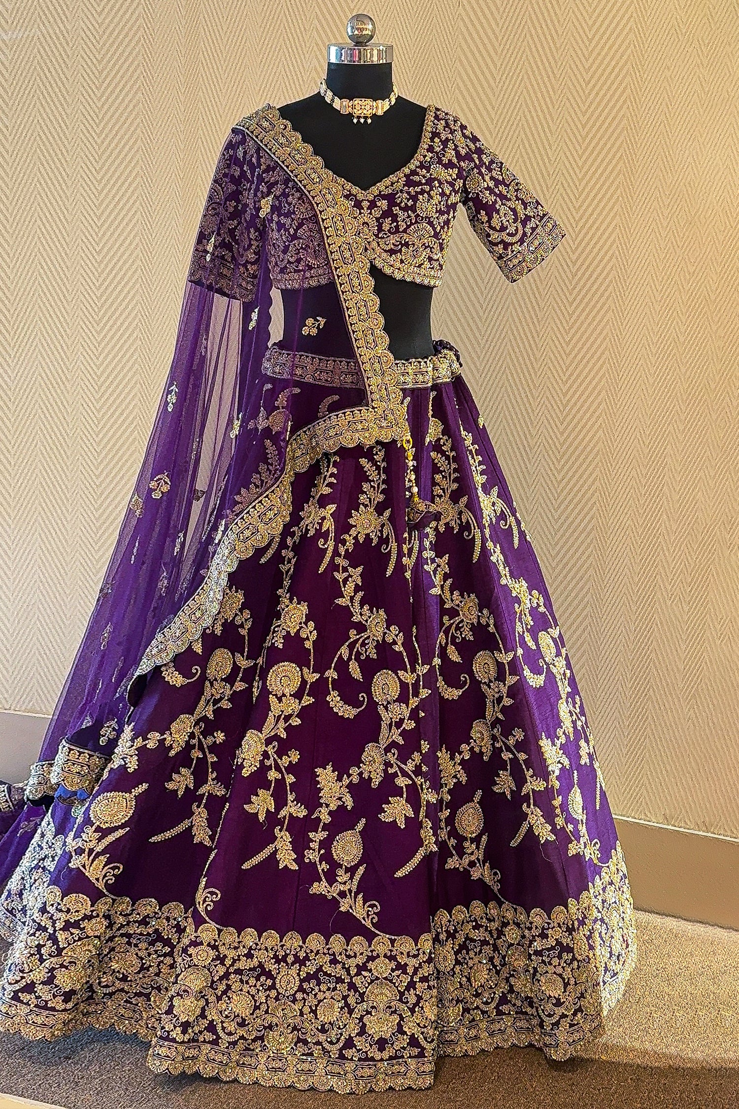 Intricate beadwork and thread embroidery of the Palatinate Purple Raw Silk Lehenga