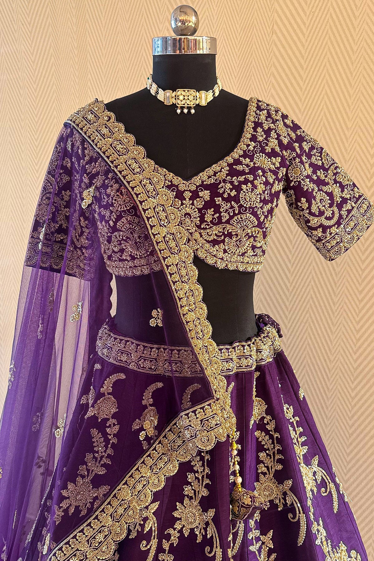 Designer Palatinate Purple Raw Silk Lehenga with scalloped tulle dupatta