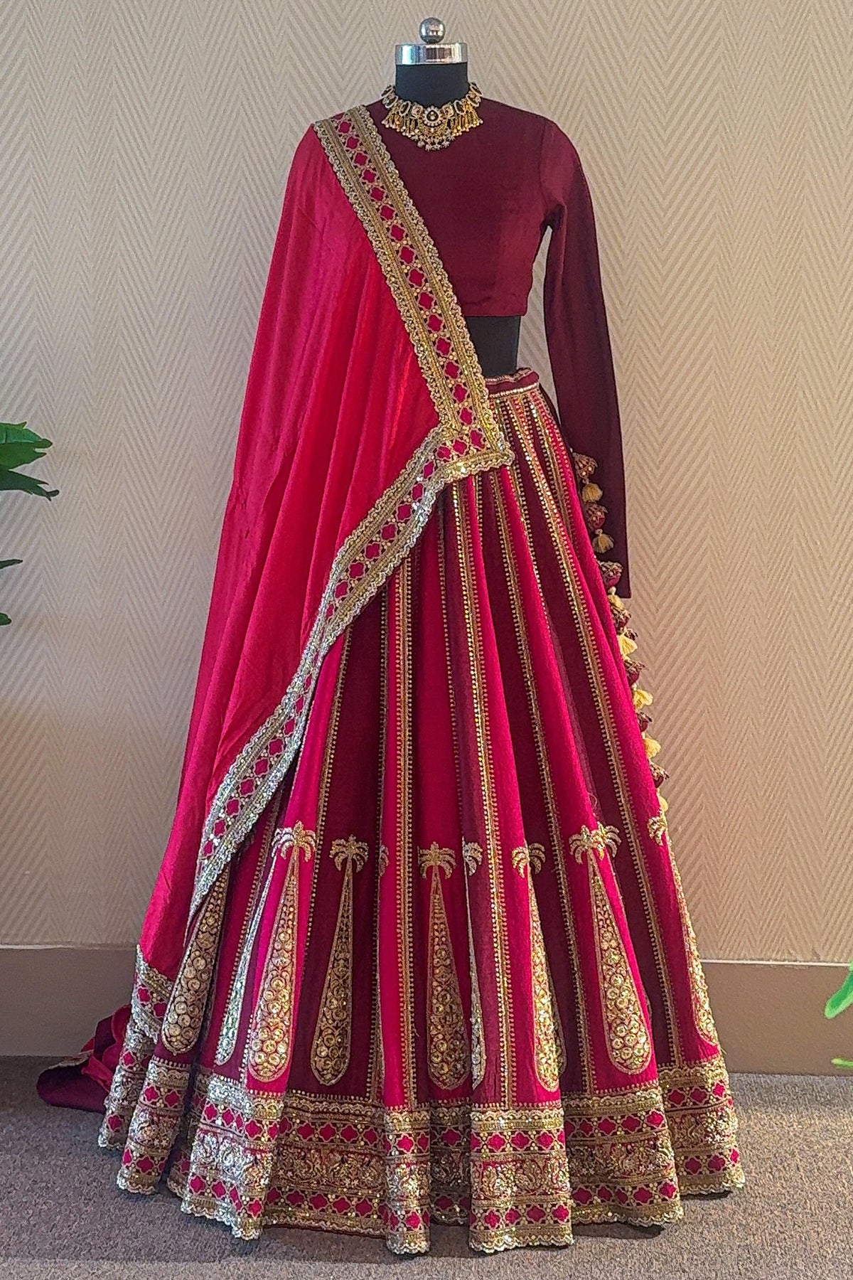 Designer Maroon Matka Silk Bridal Lehenga with pink organza dupatta
