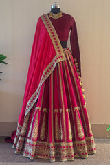 Designer Maroon Matka Silk Bridal Lehenga with pink organza dupatta