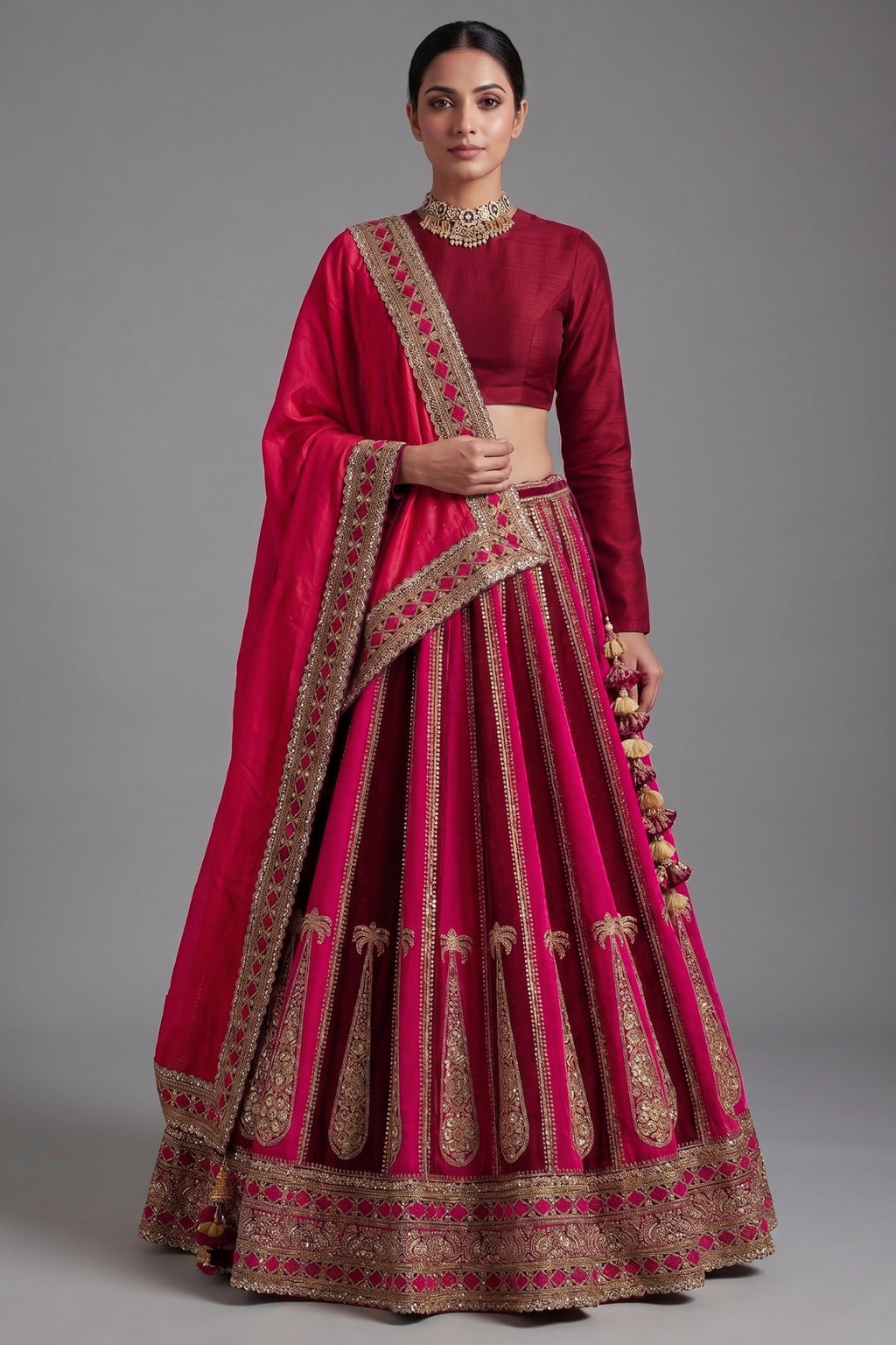 Maroon Matka Silk Bridal Lehenga - Front View
