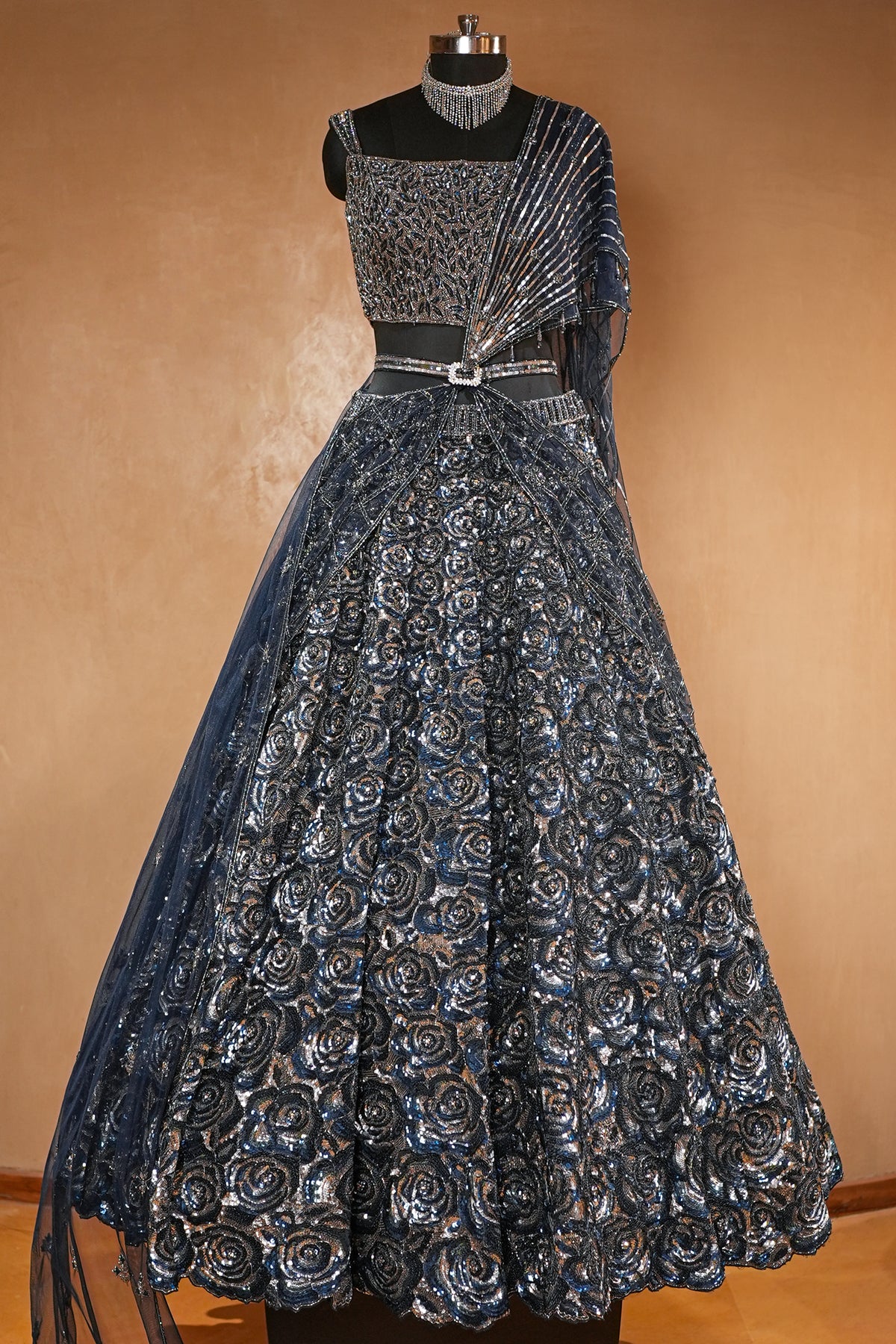 Midnight Blue Premium Net Hand-Embellished Sequins Saree
