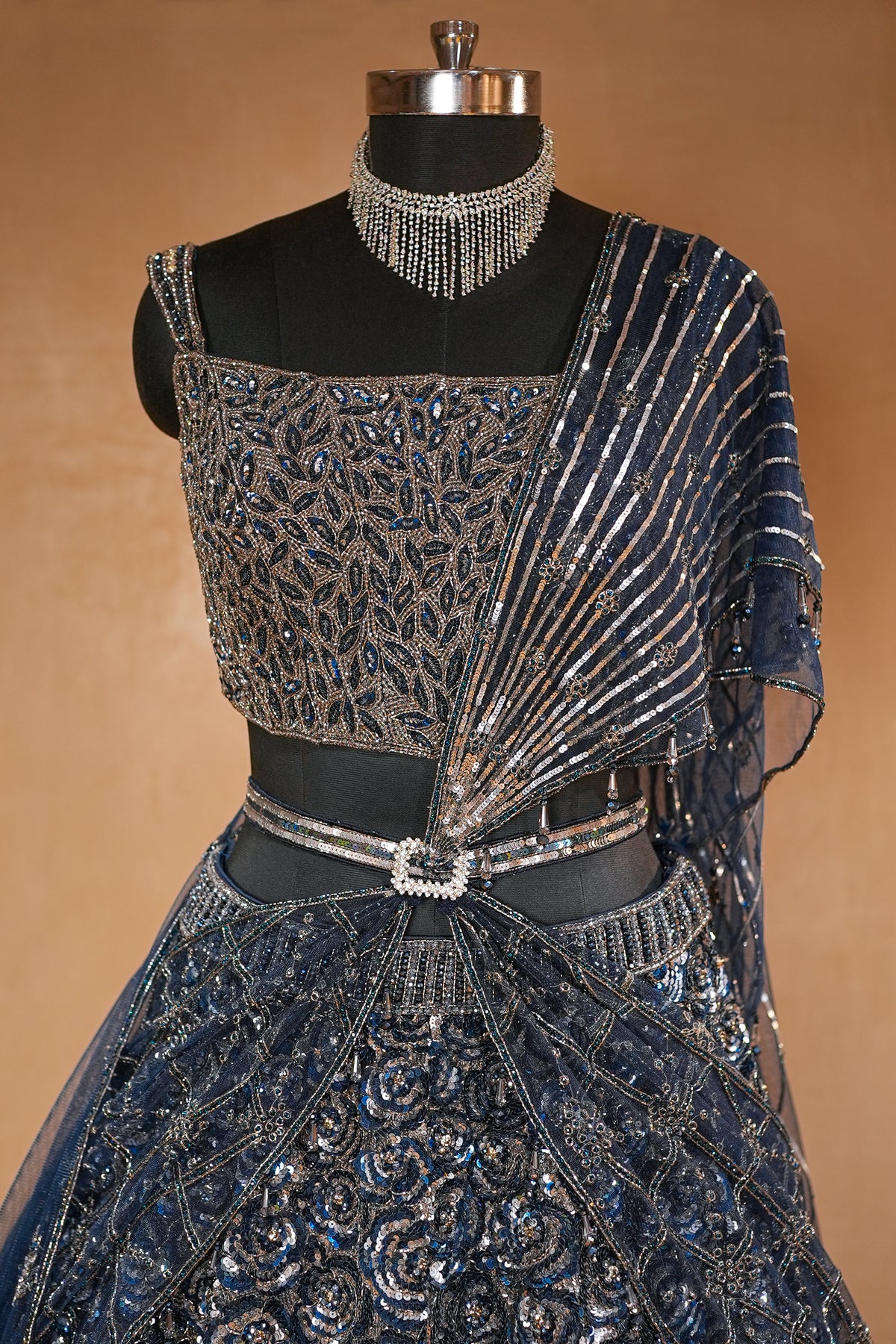 Midnight Blue Premium Net Hand-Embellished Sequins Saree