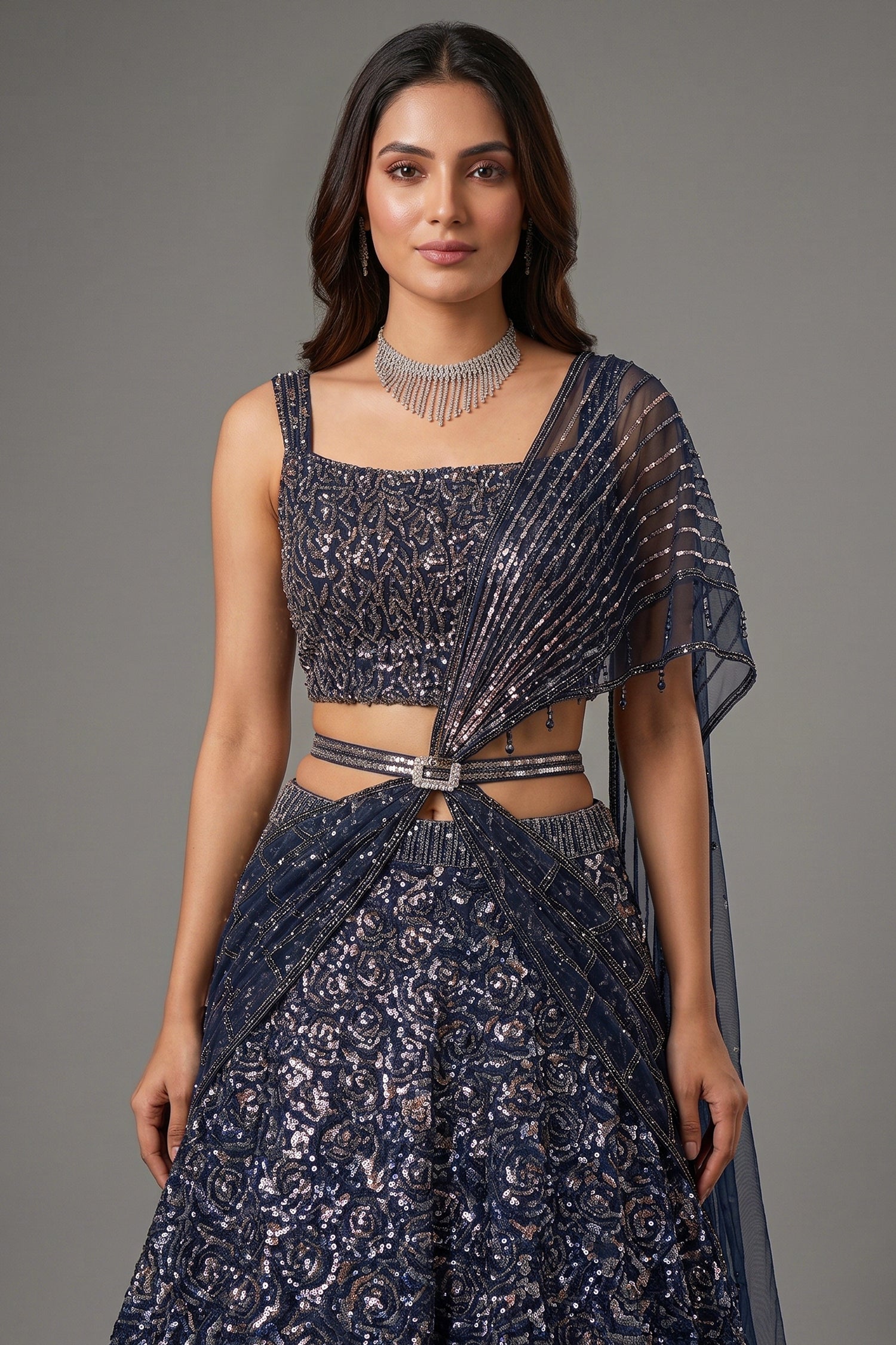 Midnight Blue Premium Net Hand-Embellished Sequins Saree Secondary image