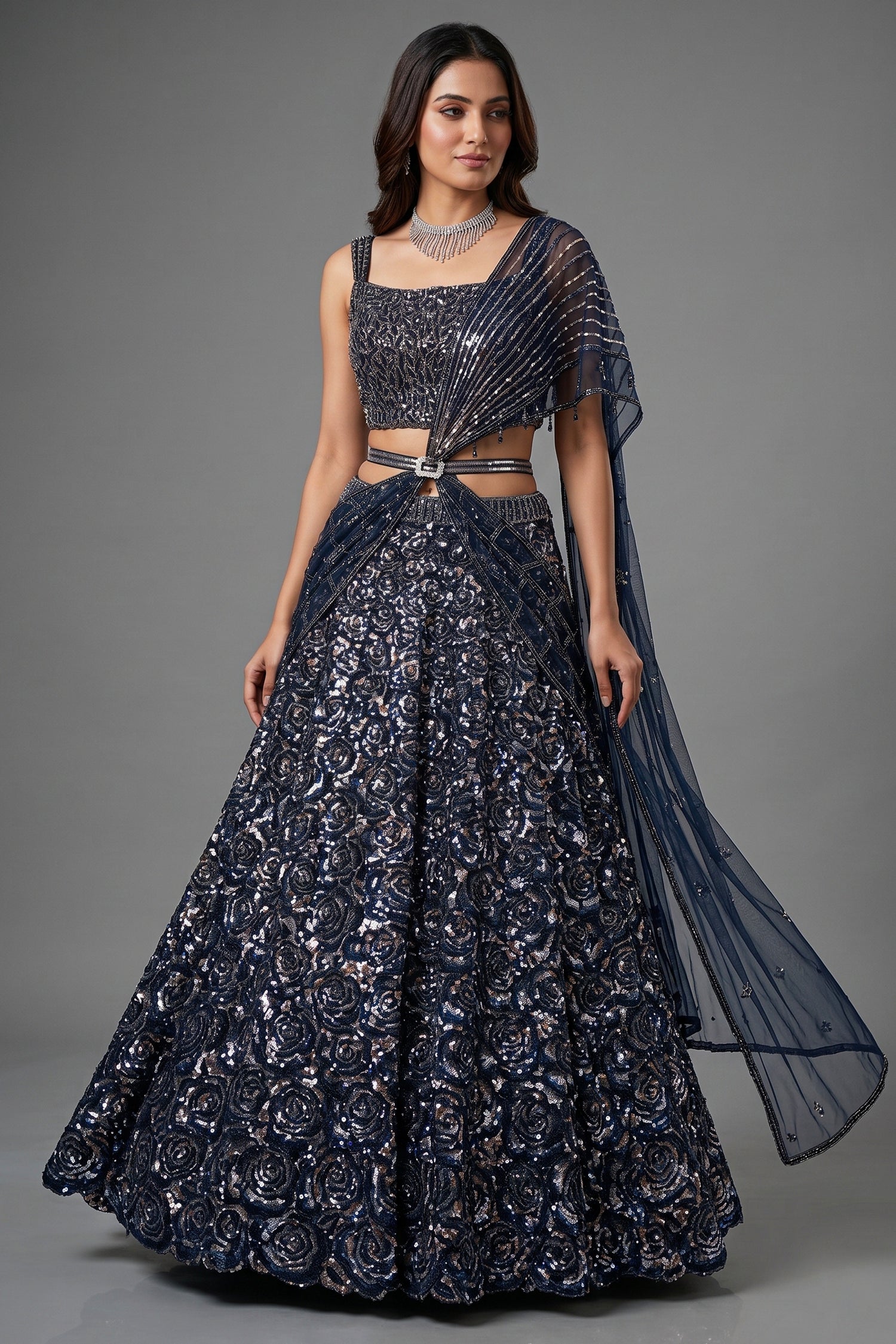 Midnight Blue Premium Net Hand-Embellished Sequins Saree Main image