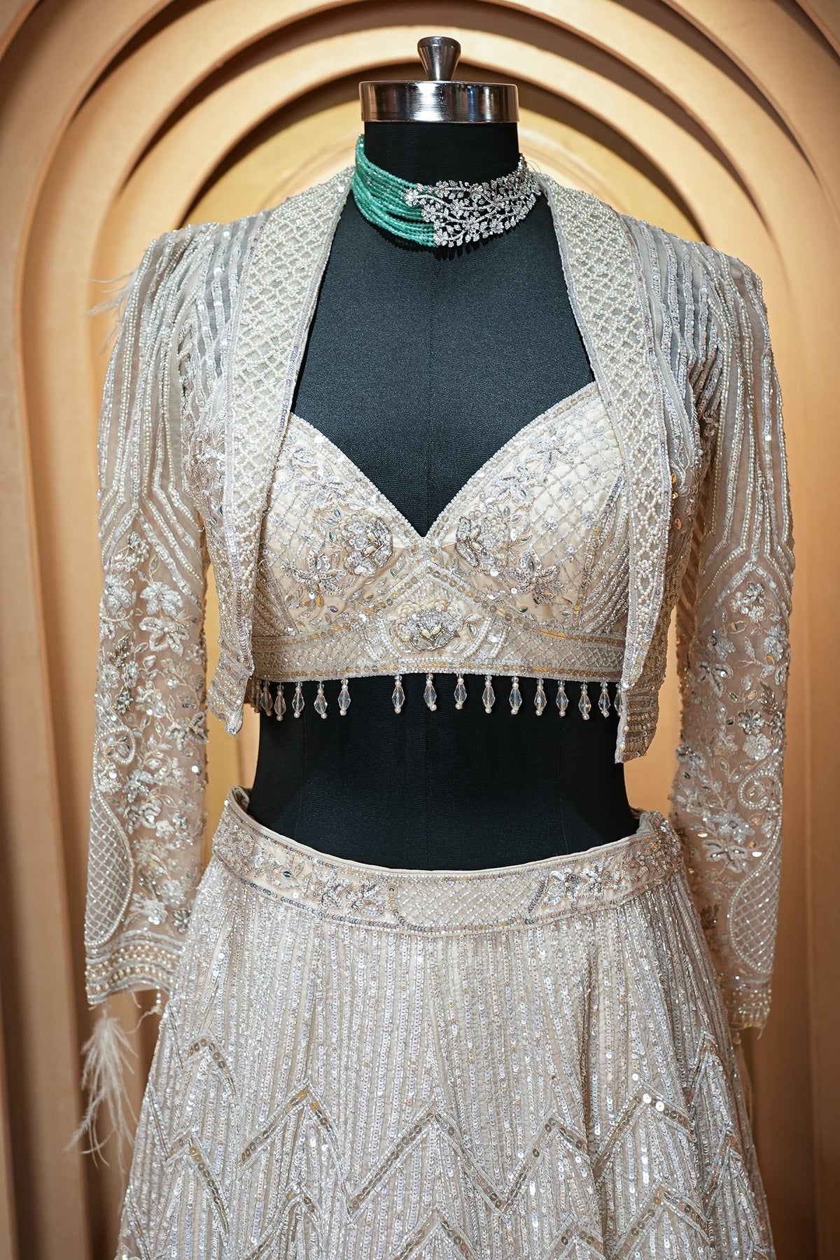 Metallic Icy Silver White Organza Lehenga Set with Sheer Net Cape Jacket