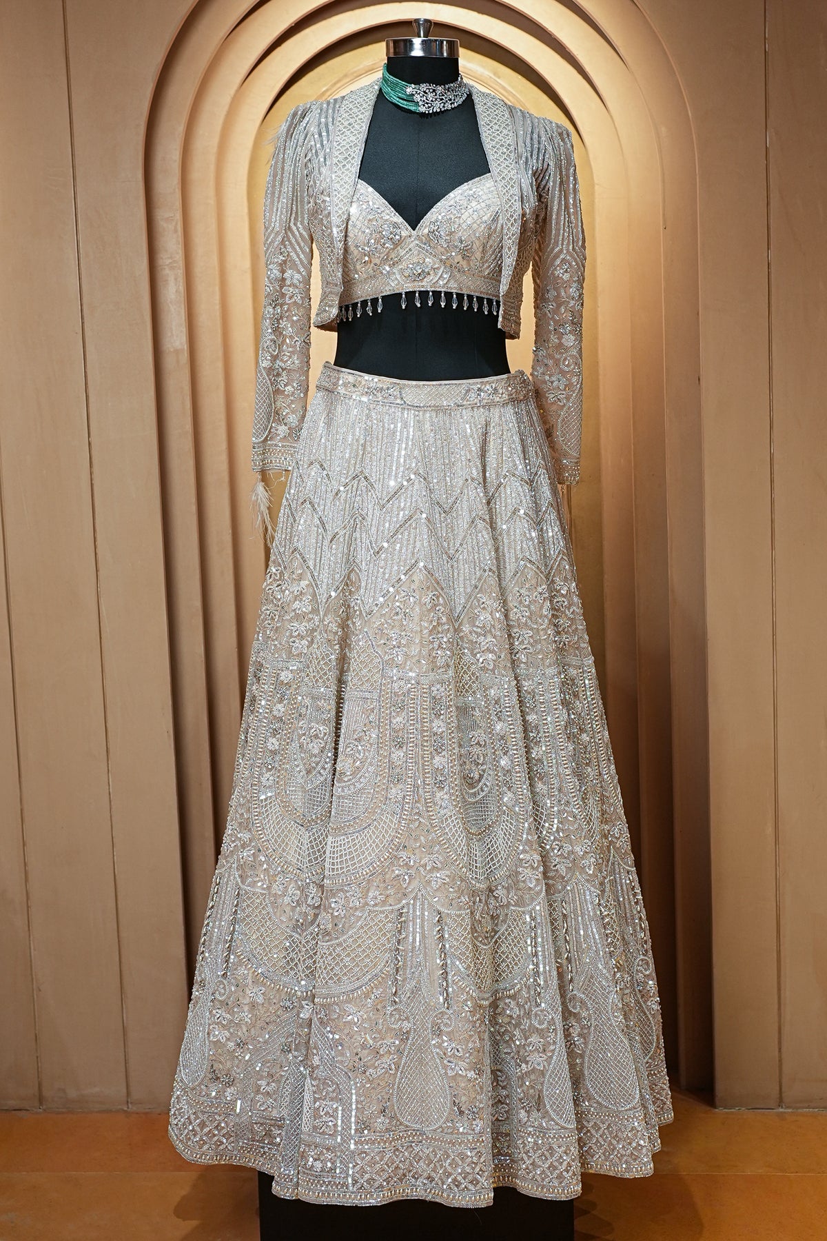 Metallic Icy Silver White Organza Lehenga Set with Sheer Net Cape Jacket