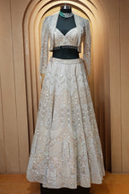 Metallic Icy Silver White Organza Lehenga Set with Sheer Net Cape Jacket