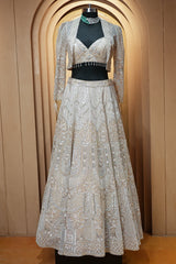Metallic Icy Silver White Organza Lehenga Set with Sheer Net Cape Jacket
