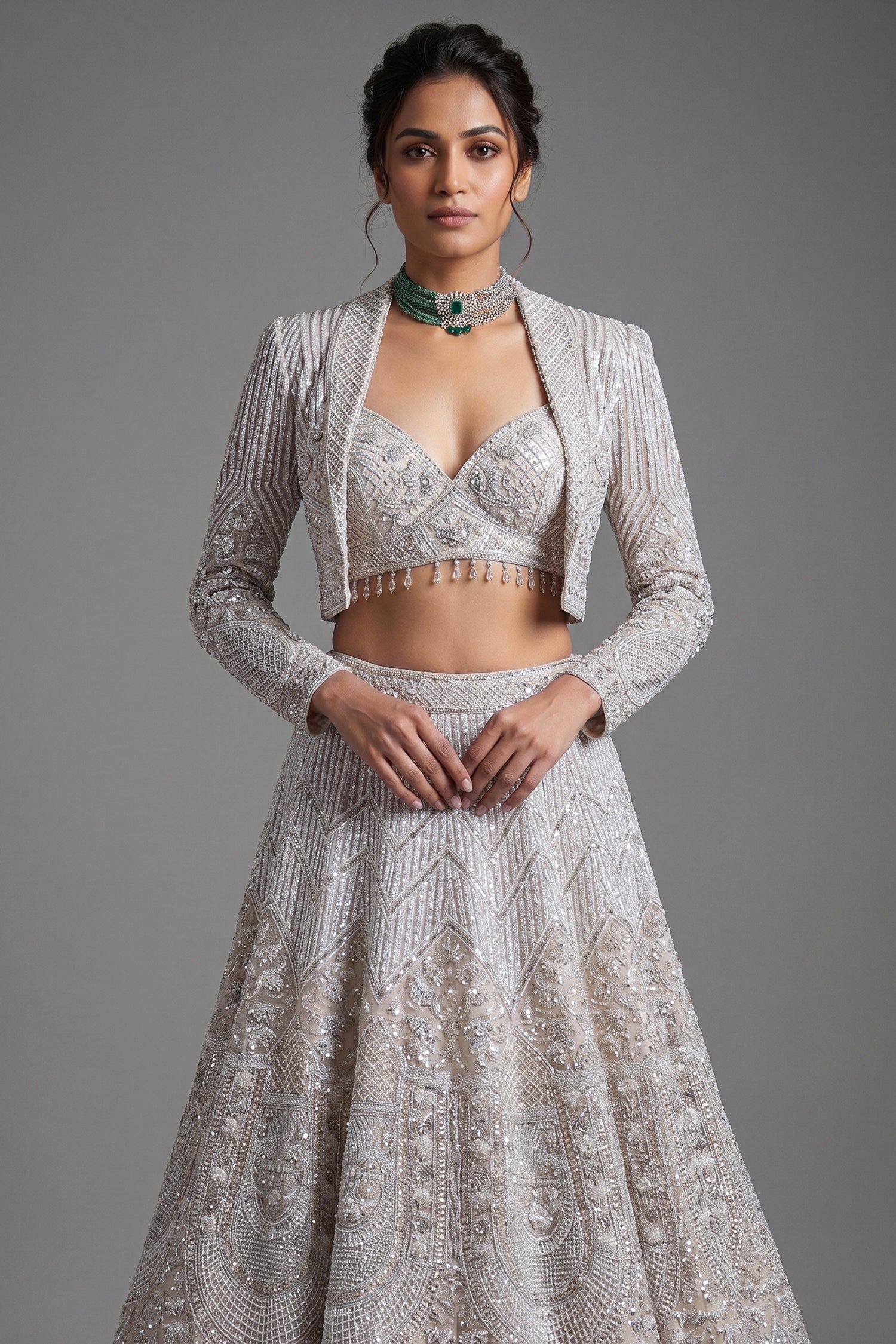 Metallic Icy Silver White Organza Lehenga Set with Sheer Net Cape Jacket Secondary image
