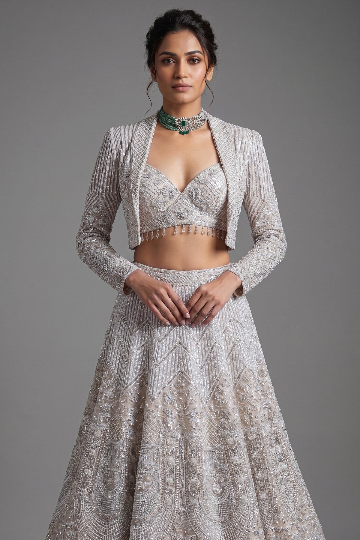 Metallic Icy Silver White Organza Lehenga Set with Sheer Net Cape Jacket