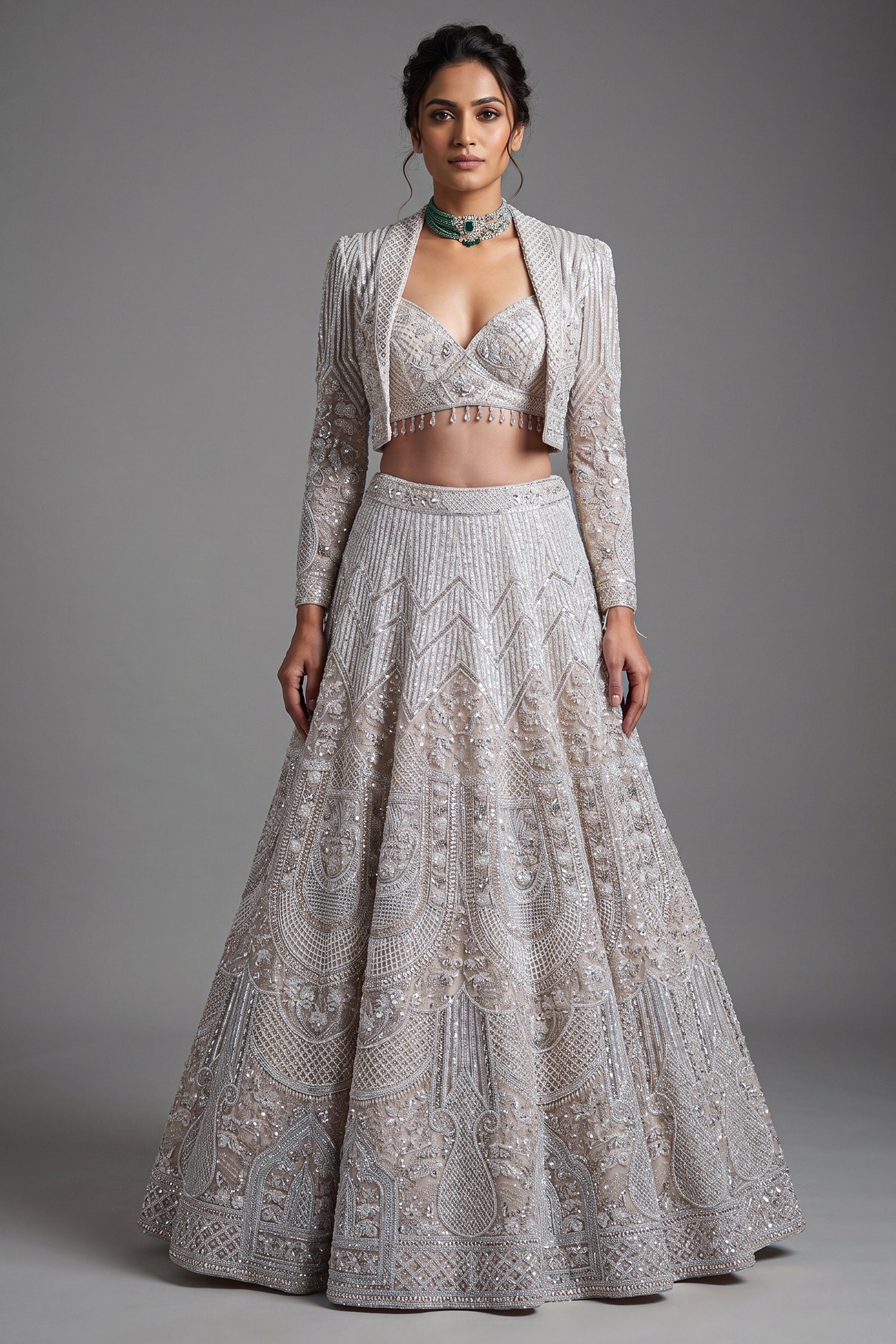 Metallic Icy Silver White Organza Lehenga Set with Sheer Net Cape Jacket Main image