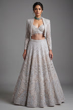 Metallic Icy Silver White Organza Lehenga Set with Sheer Net Cape Jacket