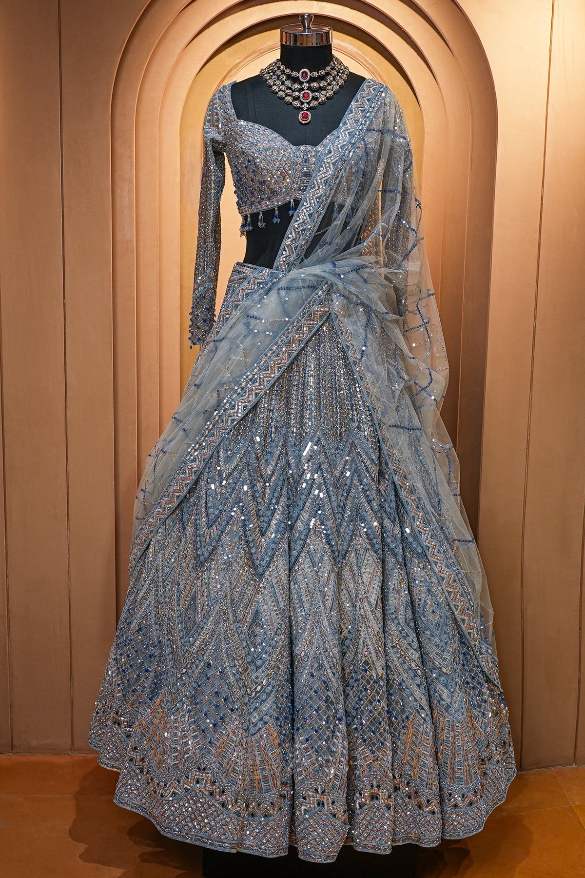 Powder Sky Blue Net Designer Lehenga