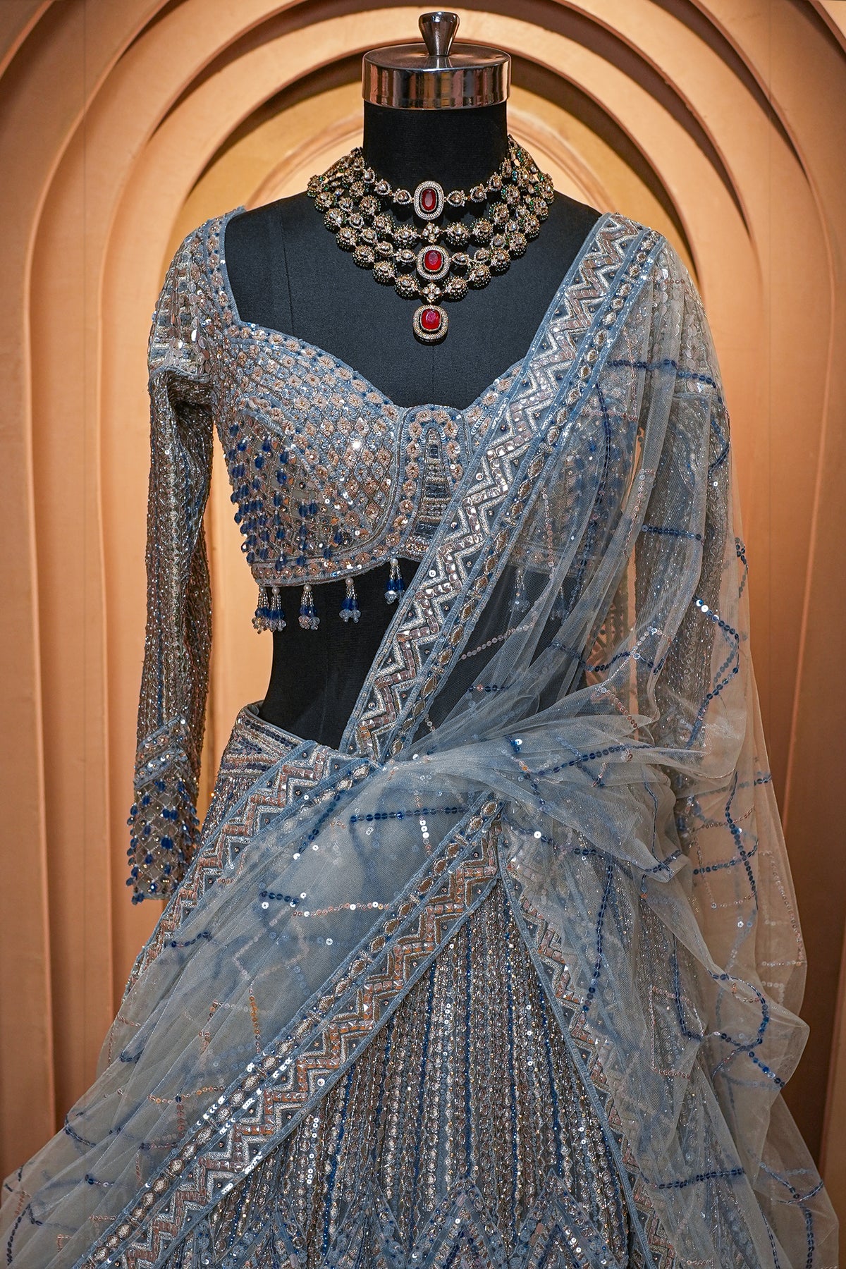 Powder Sky Blue Net Designer Lehenga