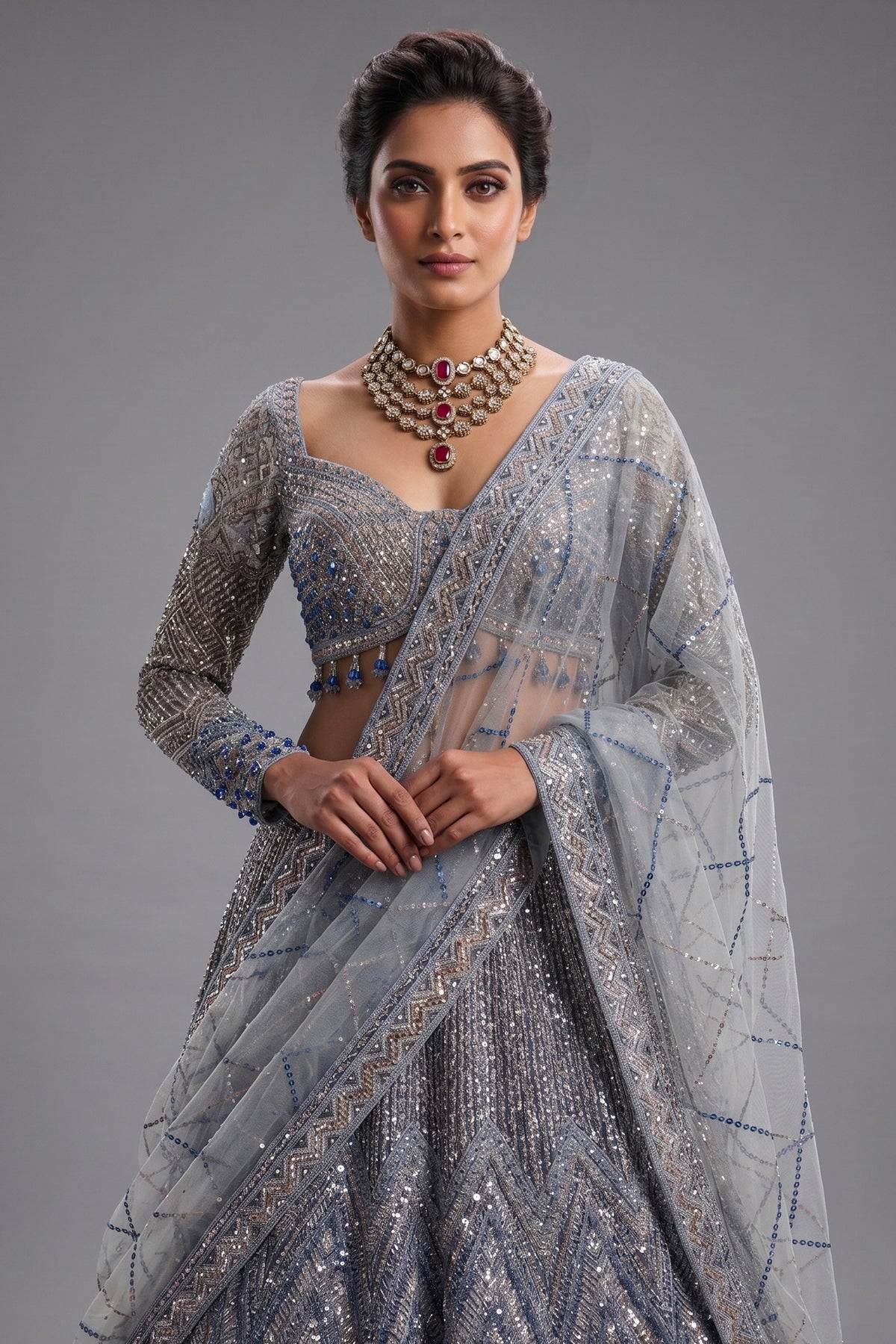 Powder Sky Blue Net Designer Lehenga