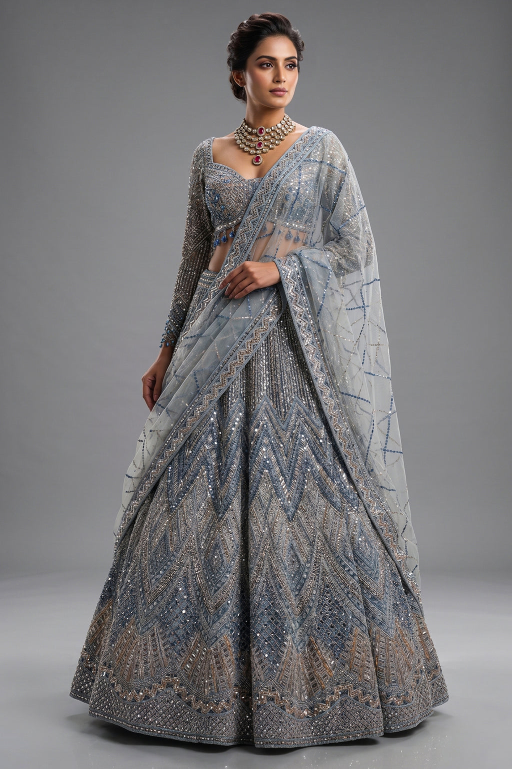 Powder Sky Blue Net Designer Lehenga