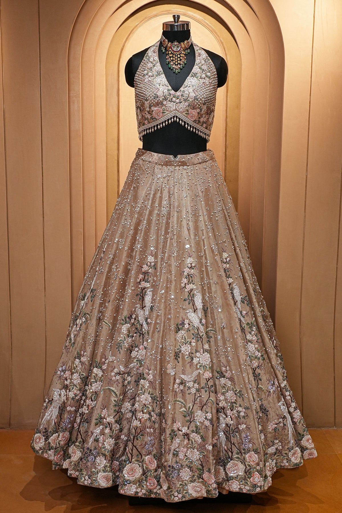 Champagne Brown Luxury Tissue Hand-Embroidered Bridal Lehenga Choli