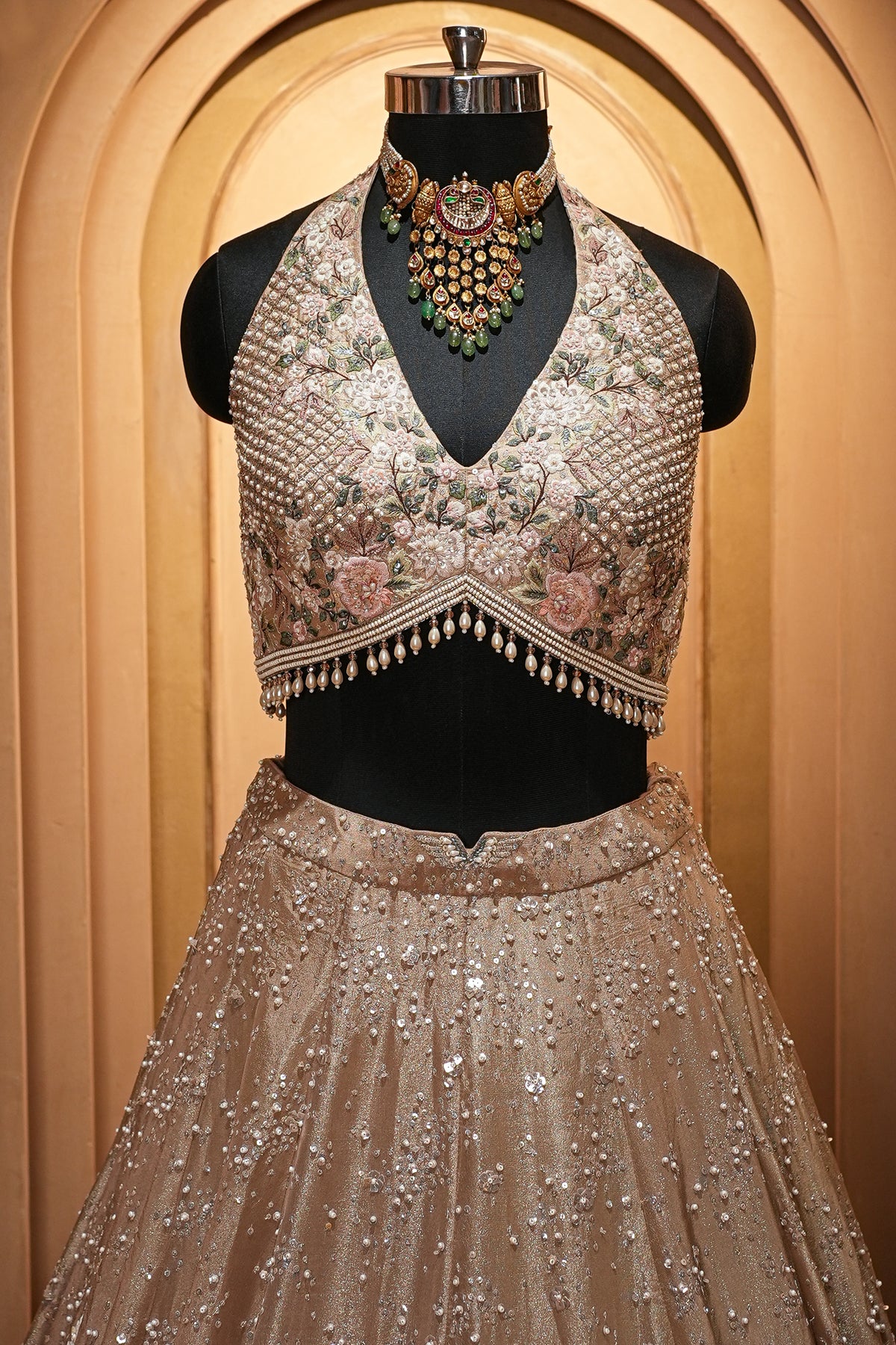 Champagne Brown Luxury Tissue Hand-Embroidered Bridal Lehenga Choli