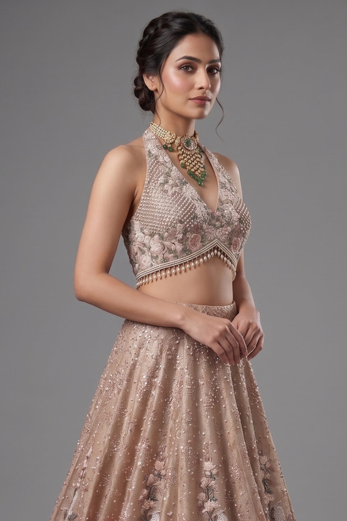 Champagne Brown Luxury Tissue Hand-Embroidered Bridal Lehenga Choli