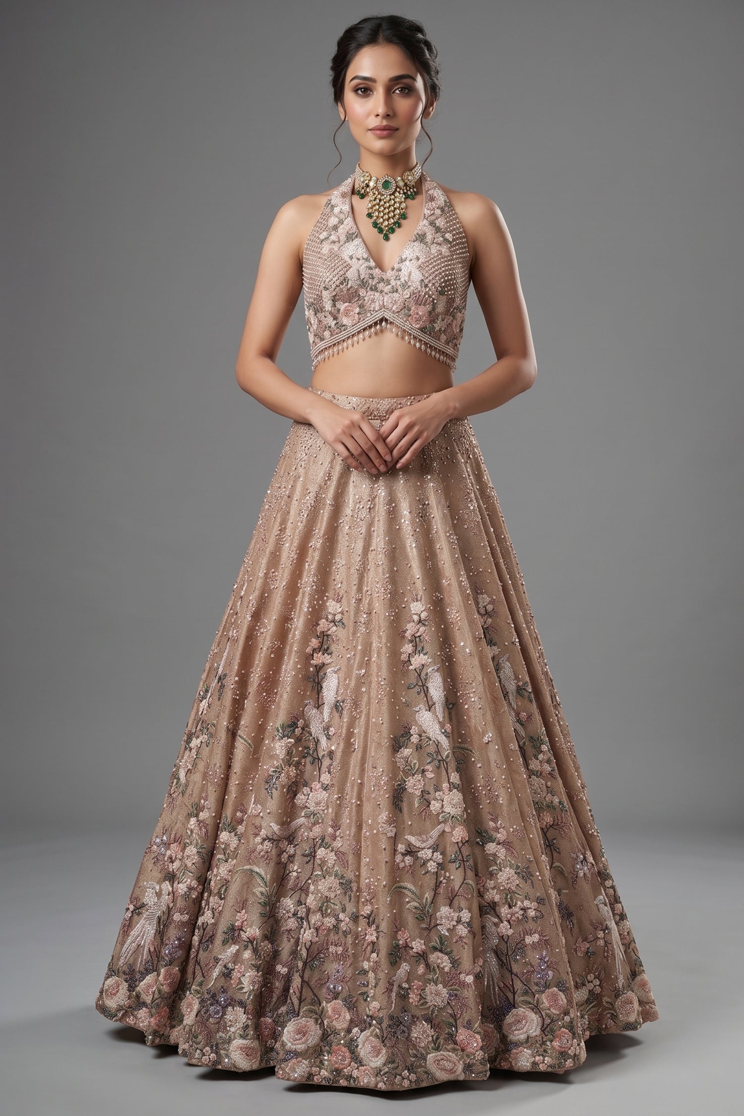 Champagne Brown Luxury Tissue Hand-Embroidered Bridal Lehenga Choli Main image